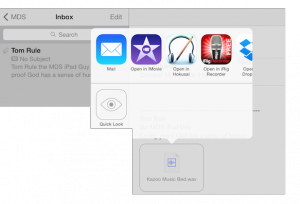 After you email audio to yourself, click-n-hold on the audio icon to see the "Open in...." box. Select iMovie.......